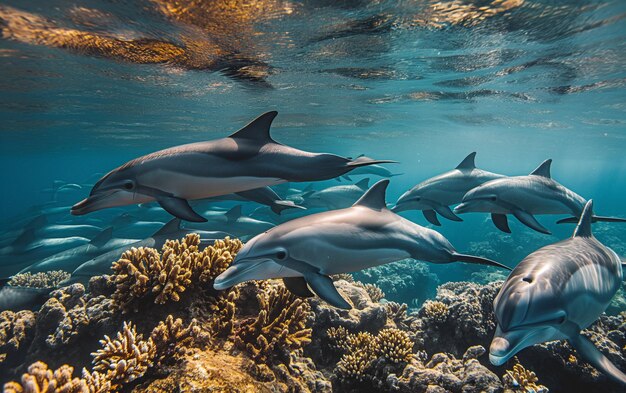 Un troupeau de dauphins dans l'océan avec de l'IA générative de corail