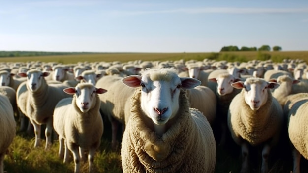 Un troupeau de drôles de moutons rassemblés sur de verts pâturages AI générative