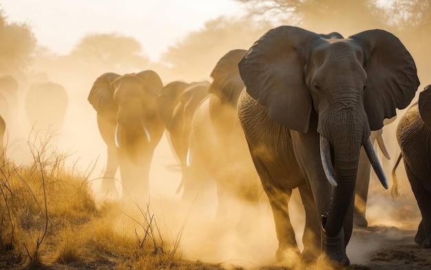 Un troupeau d'éléphants crée un nuage de poussière en se déplaçant.