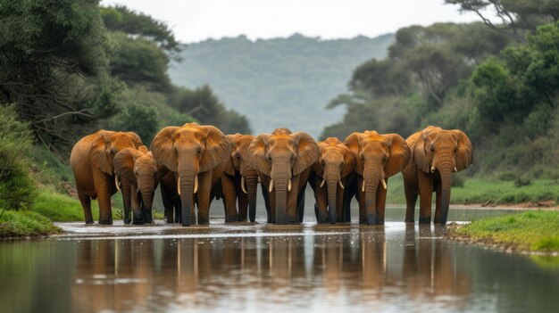 Photo un troupeau d'éléphants dirigé par un magnifique taureau à un puits d'eau