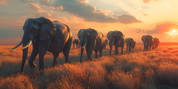 Photo un troupeau d'éléphants marchant sur un champ d'herbe sèche au coucher du soleil.