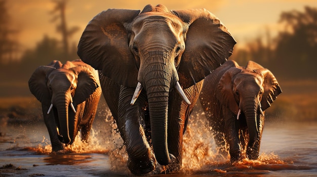 Photo un troupeau d'éléphants marchant dans une flaque d'eau