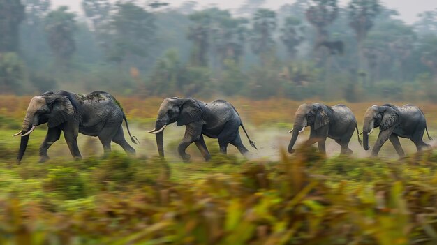 Un troupeau d'éléphants marche sur un champ vert et luxuriant