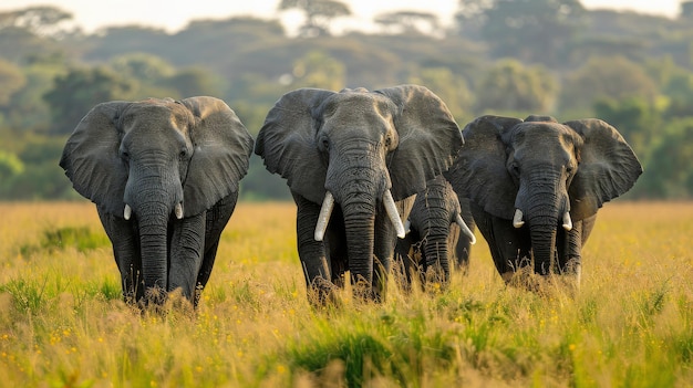 Un troupeau d'éléphants marche sur un champ vert et luxuriant