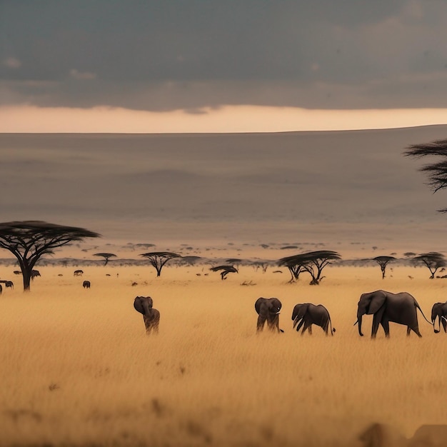 Un troupeau d'éléphants paît dans la nature.