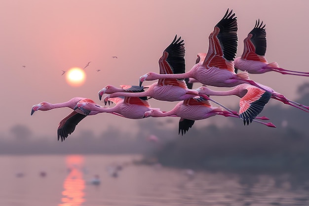 Un troupeau de flamants qui s'envolent