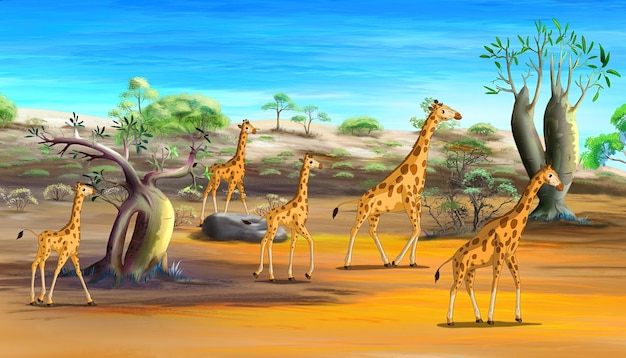 Troupeau de girafes dans l'illustration de la savane