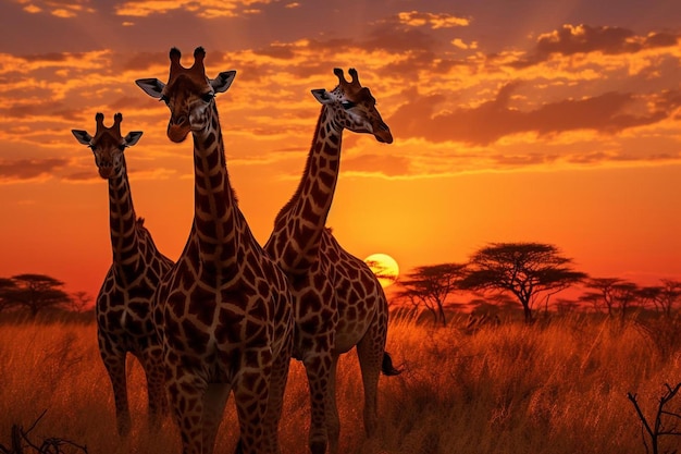 un troupeau de girafes se tient dans un champ avec le soleil derrière eux.