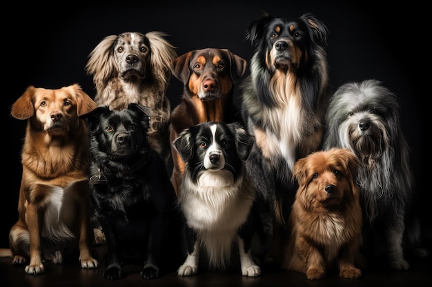 Un troupeau un groupe de chiens abandonnés de différentes races assis docilement devant la caméra