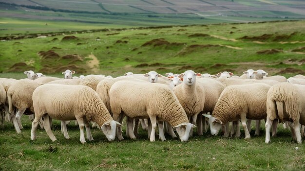 Un troupeau de moutons paissant sur le pâturage pendant la journée