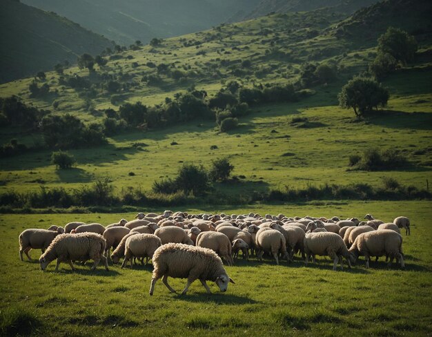 un troupeau de moutons paît dans un champ avec le soleil brillant sur l'herbe