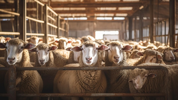 Troupeau de moutons parqués en stock vue côté cour