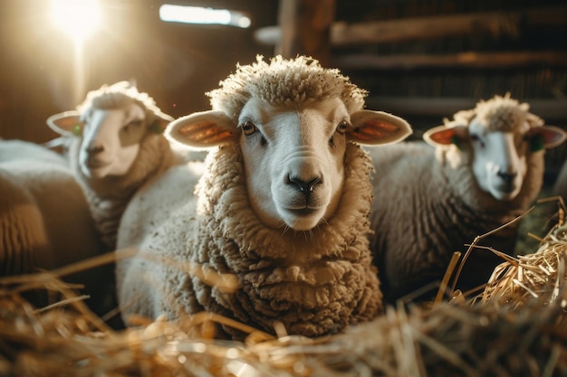 Photo un troupeau de moutons se promène librement dans une ferme sur un jour ensoleillé concept de ferme écologique