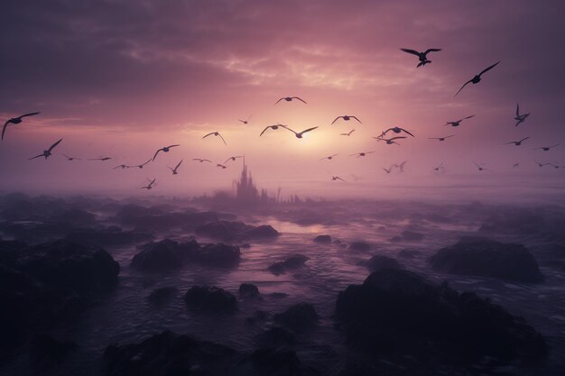Un troupeau d'oiseaux de mer décollant d'un estuaire sur un ciel violet brumeux