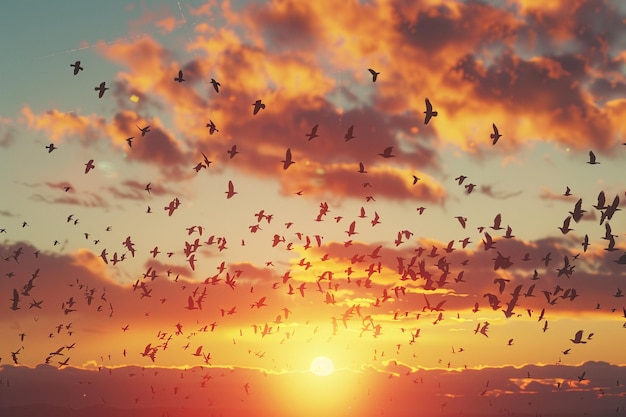 Un troupeau d'oiseaux silhouetté contre un ciel au coucher du soleil