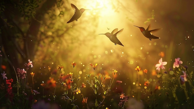 un troupeau d'oiseaux volant au-dessus d'un champ de fleurs