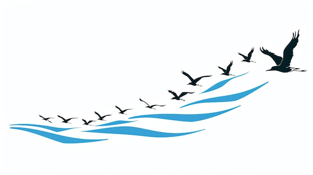 Photo un troupeau d'oiseaux vole au-dessus de l'océan les oiseaux sont noirs et l'océen est bleu et blanc