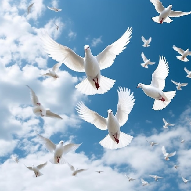 Un troupeau de pigeons blancs volant dans les airs avec un ciel bleu en arrière-plan