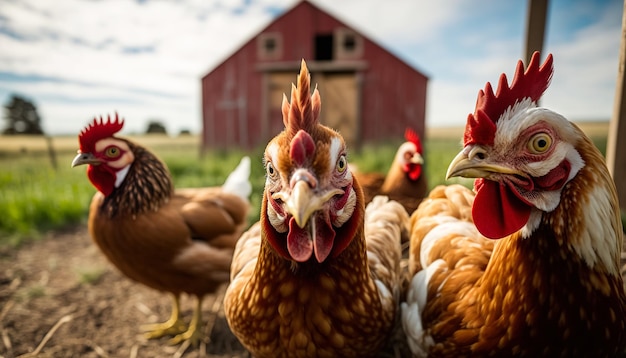 Un troupeau de poulets curieux jette un coup d'œil dans le gros plan de l'appareil photo IA générative