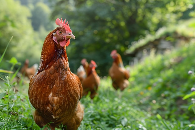Un troupeau de poulets se promène dans le paddock vert Poulets en plein air dans une ferme de volailles traditionnelle