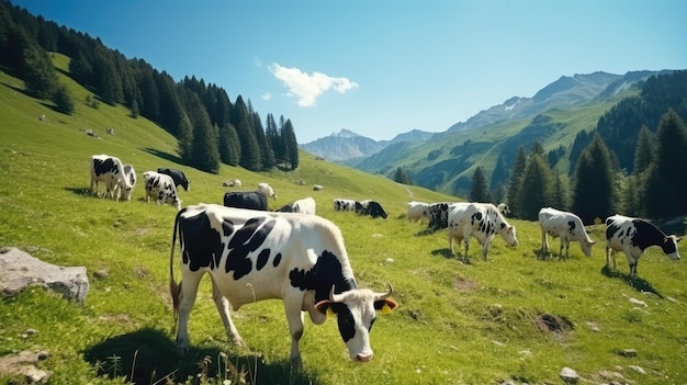 Un troupeau de vaches belles et saines bien entretenues paissent sur un prairie vert dans les montagnes Vie agricole moderne