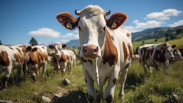 Troupeau de vaches sur champ d'herbe verte en été