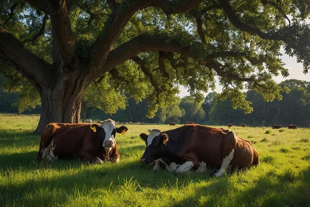 Photo un troupeau de vaches couché dans un champ sous un arbre