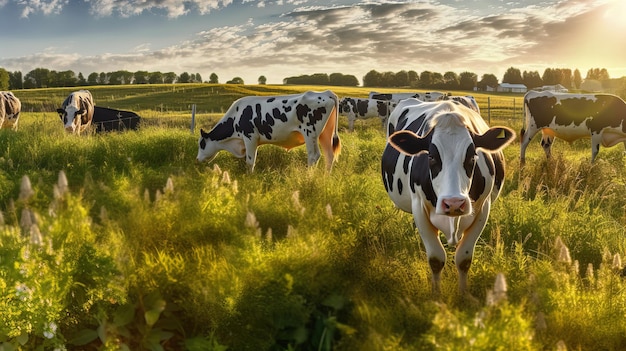 Un troupeau de vaches dans un champ avec un coucher de soleil derrière eux