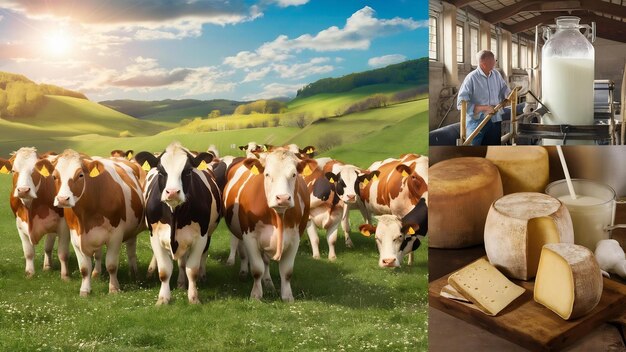 Photo troupeau de vaches produisant du lait pour le fromage gruyère en france au printemps