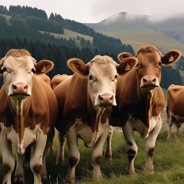 Un troupeau de vaches se tient dans un champ avec des montagnes en arrière-plan.