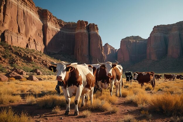 un troupeau de vaches se tient dans une zone désertique