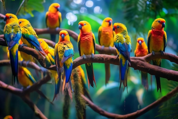 Un troupeau vibrant d'oiseaux tropicaux perchés sur des branches Generative Ai