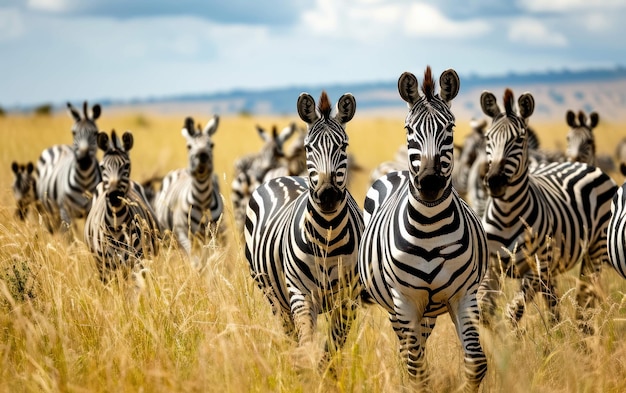 Photo un troupeau de zèbres en mouvement contre la savane.