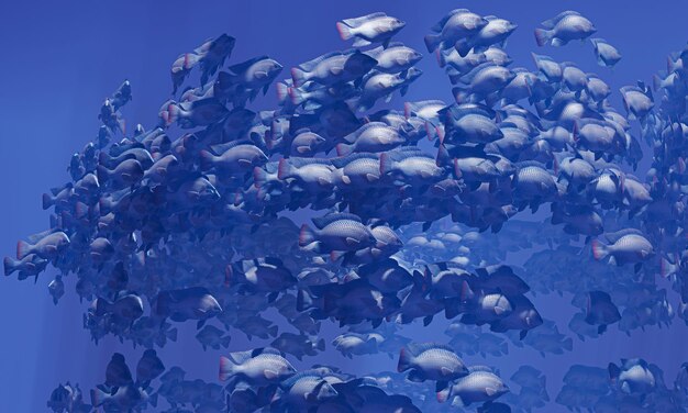 Des troupeaux de poissons nagent en groupes le cercle sous-marin brille vers le bas beaucoup de tilapias nagent en groupe ou en groupes naturellement des troupee de poissons sous-marins sont nourris pour la nourriture 3D Rendering