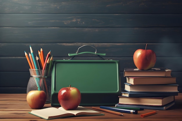 Une trousse d'école verte avec un livre et un crayon dessus