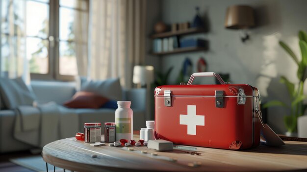 Une trousse de premiers soins avec des pilules sur la table dans le salon.