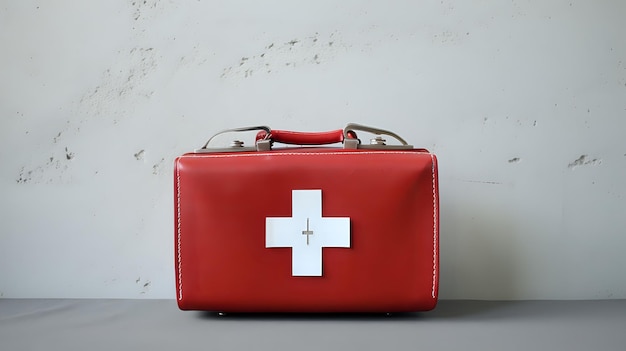 Une trousse de premiers soins rouge avec une croix blanche sur le devant