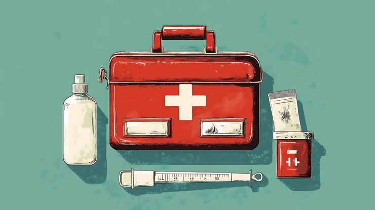 Une trousse de premiers soins vintage avec une bouteille de croix blanche de tube de crème et de seringue