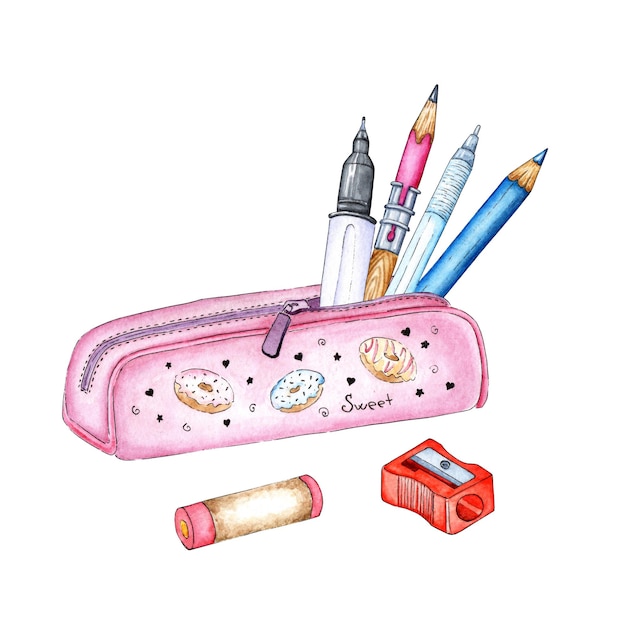 Trousse avec stylos et crayons aquarelle