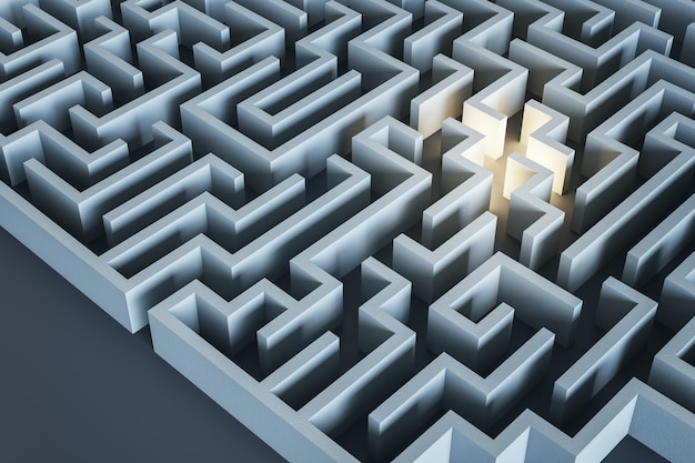 Trouver la bonne voie et prendre une décision avec un point lumineux dans un rendu 3D de labyrinthe gris foncé
