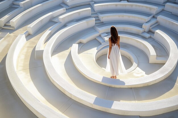 Photo trouver une solution efficace femme portant une robe blanche dans le grand labyrinthe blanc