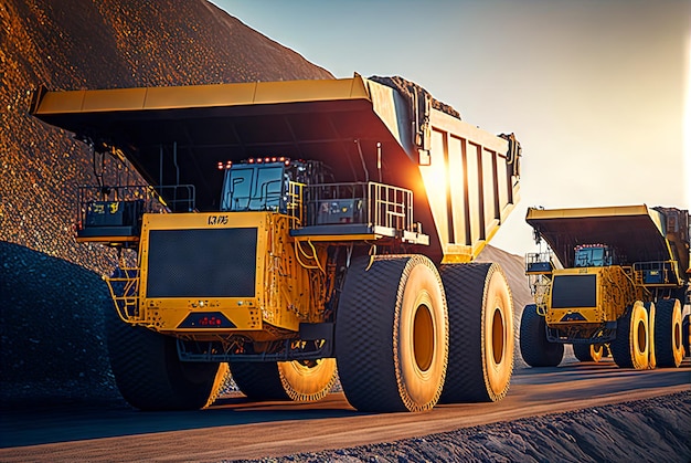 Truck de décharge pour l'exploitation minière de l'industrie lourde Site d'extraction de minerai ou de charbon avec d'énormes véhicules jaunes Transport industriel Généré par l'IA