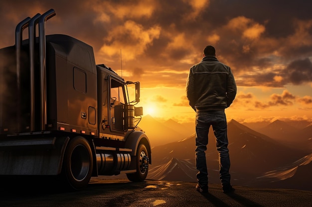 Truck Driver39s Serene Sunset Stand Un voyage pittoresque génératif par Ai