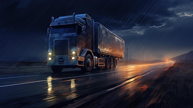 Truck de fret conduisant la nuit ou au coucher du soleil Scène de l'industrie du transport avec une voiture de longue distance