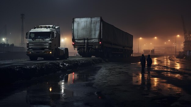 Truck de fret conduisant la nuit ou au coucher du soleil Scène de l'industrie du transport avec une voiture de longue distance