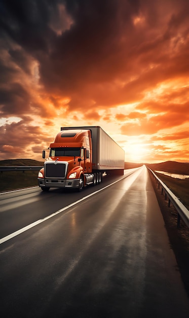 Photo truck sur la route au coucher du soleil concept de transport