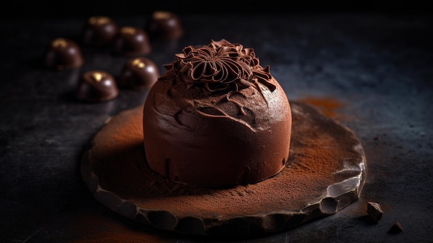 Une truffe au chocolat avec un centre de chocolat et une assiette de chocolats sur une table.