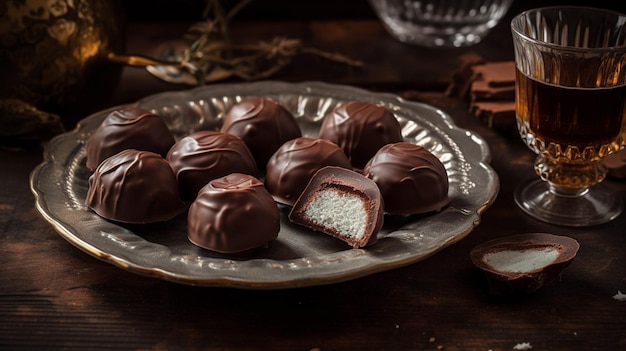 Truffes au chocolat sur une assiette avec une bouchée retirée