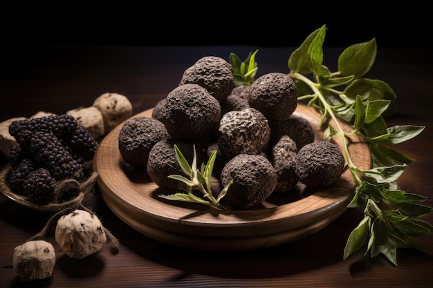 Truffes noires avec une assiette en bois sur la table