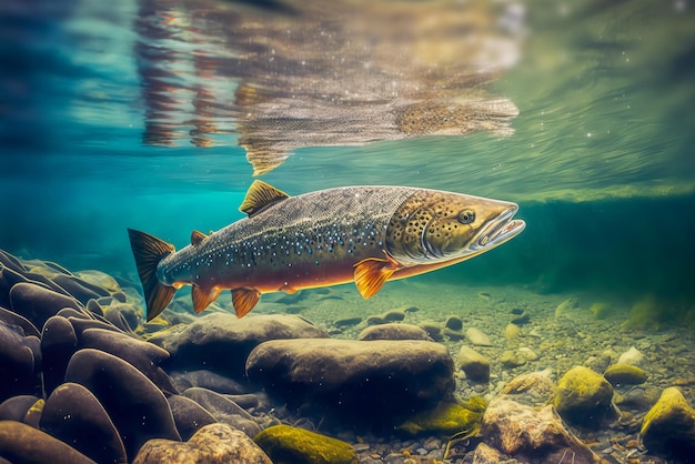 La truite arc-en-ciel nage dans la colonne d'eau d'une rivière de montagne Concept de pêche au poisson sauvage Illustration générative de l'IA